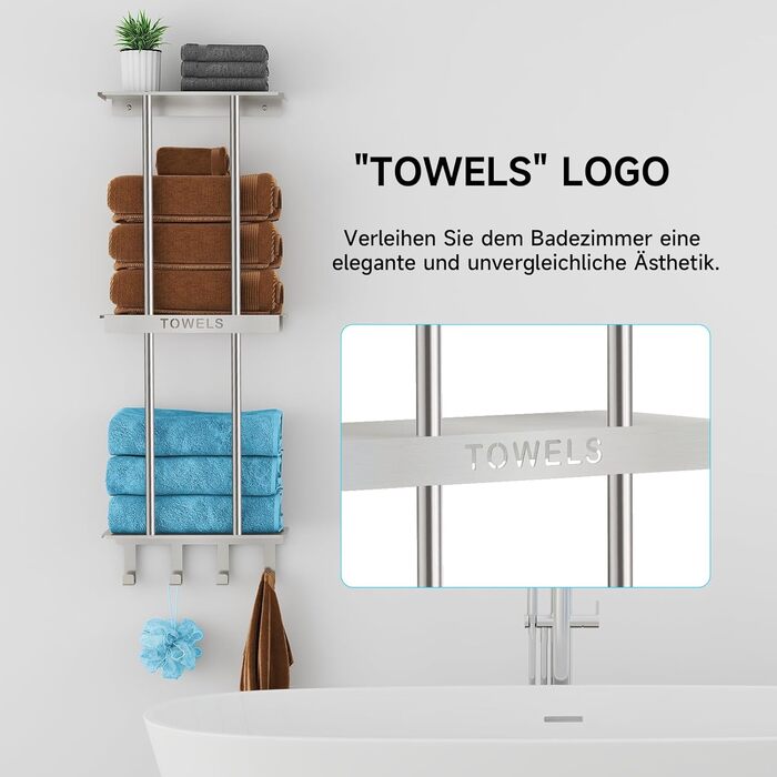 Трирівнева підставка для рушників з металевою полицею та 4 гачками, 86 см, срібна | Підставка для рушників для ванної кімнати