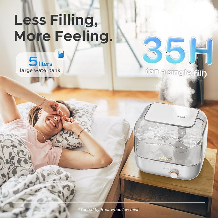 Зволожувач повітря BEAR 5L з верхнім наповненням, 360° регульована насадка, ультразвуковий, 28dB, для дітей та рослин, 35 годин роботи, з підсвічуванням, автовимкнення, білий