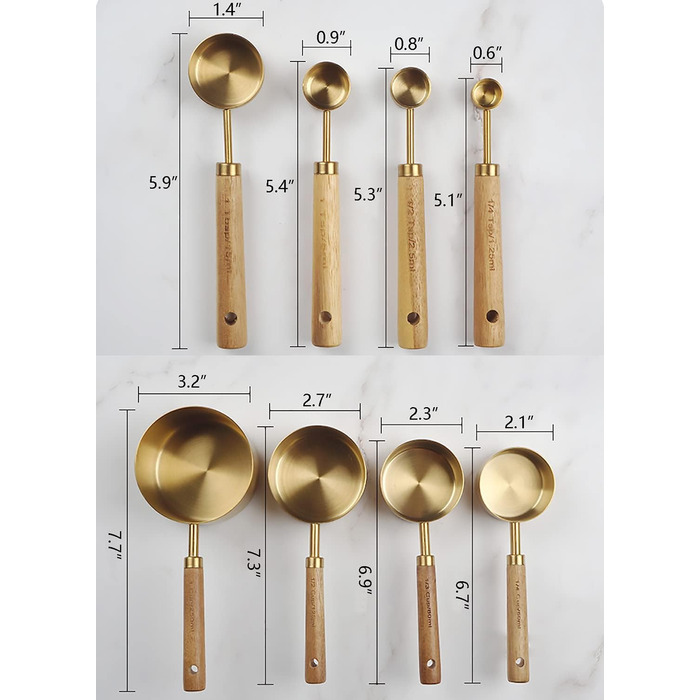 Dadamong 8-Piece Measuring Cup Set with Gold-Colored Stainless Steel Measuring Cups and Spoons, Ideal for Cooking and Baking
