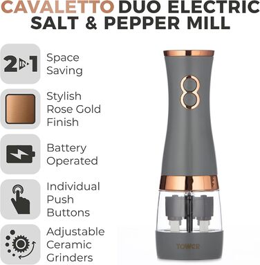 Електричні мельниці для солі та перцю Tower, працюють від батарейок, з регульованими керамічними жорнами, рожеві та рожеве золото T847004PNK (сірий)