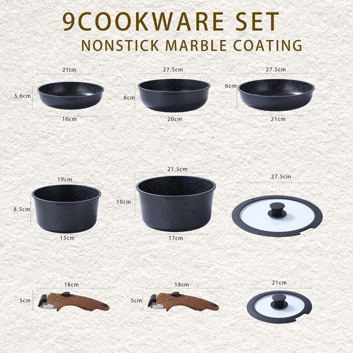 Набір посуду Royal Swiss, індукційний, 9 предметів, 2 знімні ручки, товстостінний посуд з кришкою для всіх типів плит - Бежевий Діамант - Каструлі та сковорідки без PFOA, PFAS