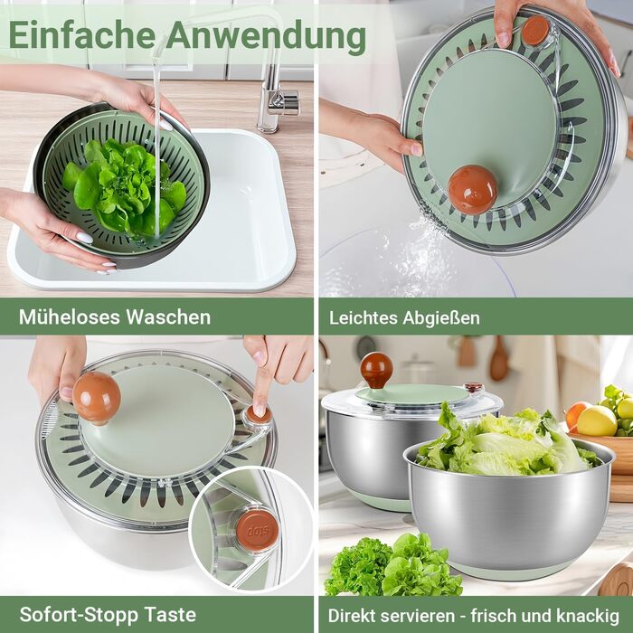 Салатниця-центрифуга з нержавіючої сталі, 500 г об'єму, 5 л, ручний привід з ручкою, неслизький кришка та випуск води, придатна для миття в посудомийній машині, ідеальна для свіжих салатів та овочів
