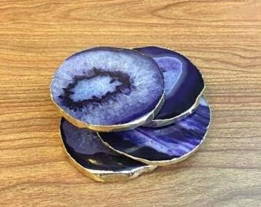 Natural agate coasters, for bar, beer, coffee, tea, set of 4, perfect table accessory, tableware (Blue)