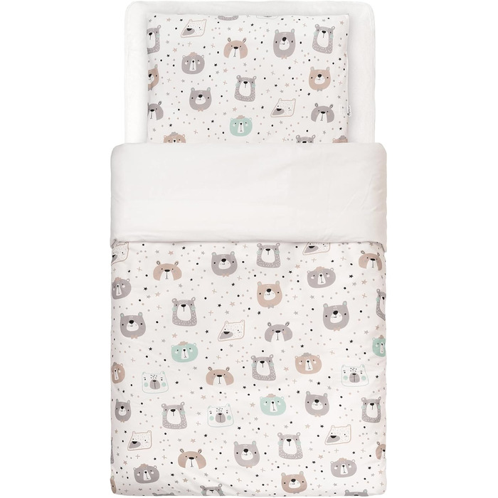Комплект постільної білизни для немовлят FlyIdeas 100x135 см, 100% бавовна, з ковдрою та наволочкою, для ліжечка, колиски, Made in EU, ведмедики