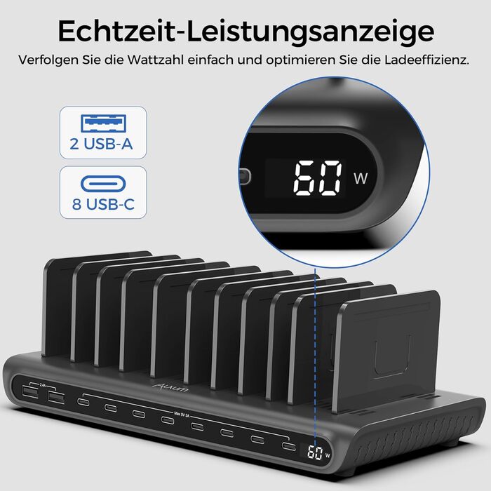 Зарядний пристрій Alxum 60W USB багатопортовий на 10 портів (8 USB-C + 2 USB-A) для телефонів, планшетів, Kindle – чорний