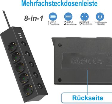 Багаторозкладна мережева розетка з USB, 5-портова, з індивідуальними вимикачами, для кухні, зі сталевою передньою панеллю, кабель 2м