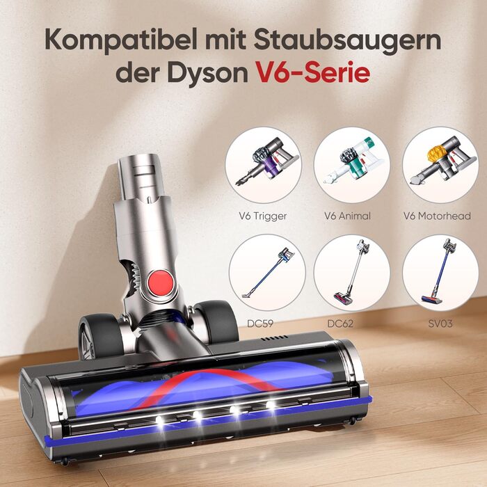 Насадка для пилососа Dyson V7 V8 V10 V11 V15 FLYLINKTECH з LED підсвіткою та 2 роликами (Червона)