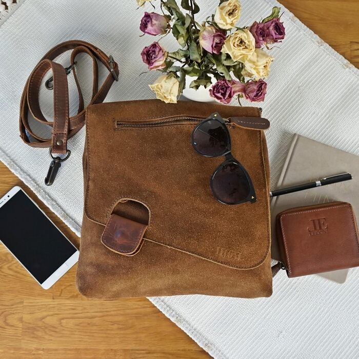 Сумка жіноча LE CONI крос-боді з натуральної замші (коричнева) 29x29x6 см - оригінальна німецька якість