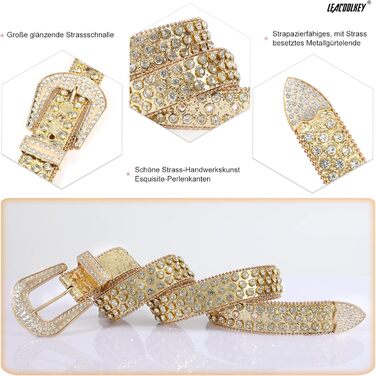 LEACOOLKEY Ремінь зі стразами для чоловіків та жінок, блискучий вестерн кантрі ковбойський ремінь з пряжкою золотого кольору, для джинсів, штанів, суконь. Розмір S: 73-82 см (загальна довжина 105 см)