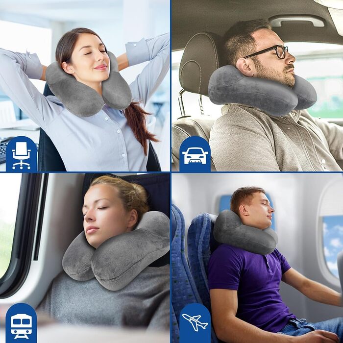 Подушка для шиї BBjinronjy надувна для подорожей, літака, офісу, авто, кемпінгу, з чохлом з м'якого велюру, ергономічна, з навушниками (сіра)
