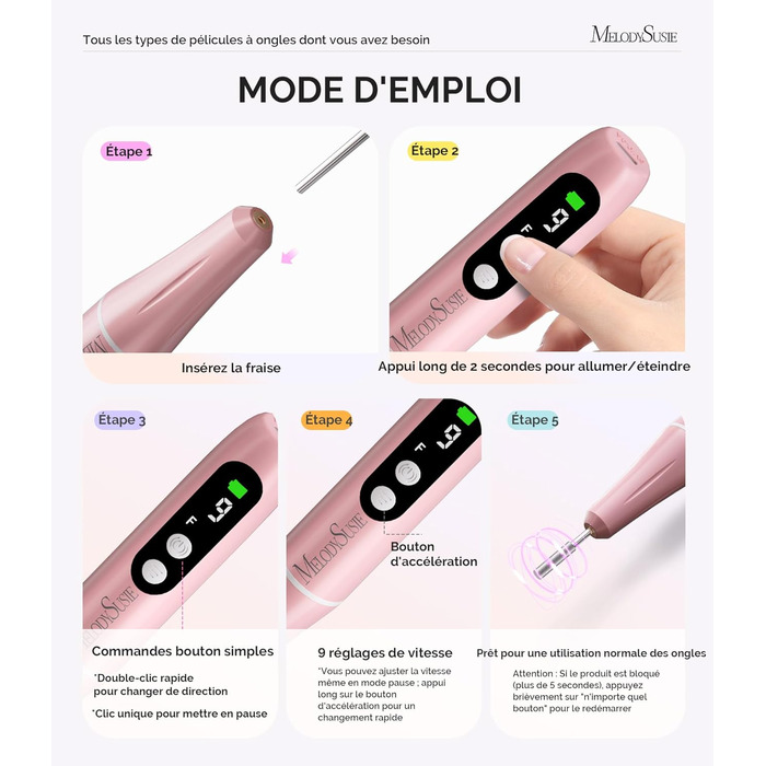 Електричний набір для манікюру MelodySusie PC90G: нагрівач для гелю та акрилу, 20000 об/хв, регулювання швидкості, рожевий