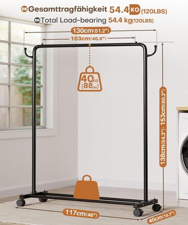 Міцний вішак для одягу на коліщатках Yorbay: металева стійка з полицею для багажу - компактна шафа для спальні, пральні, магазину (чорний, 117 см)