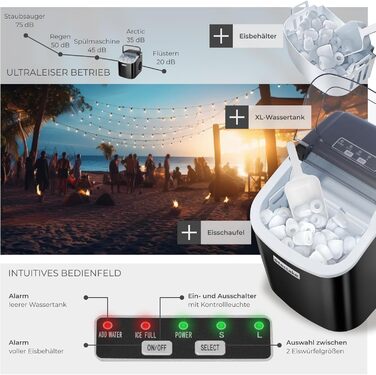 Машина для приготування льоду tectake® - швидке та зручне приготування льоду для дому та бару, чорний колір, 1,2 л, 12 кг/24 год, 2 розміри кубиків льоду, самоочищення, з лопаткою