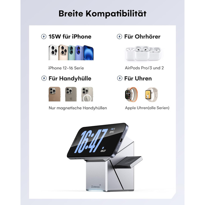 ZEEHOO 3-в-1 зарядний станція для Apple MagSafe: зарядка для iPhone, Apple Watch та AirPods (30W USB-C), сірий