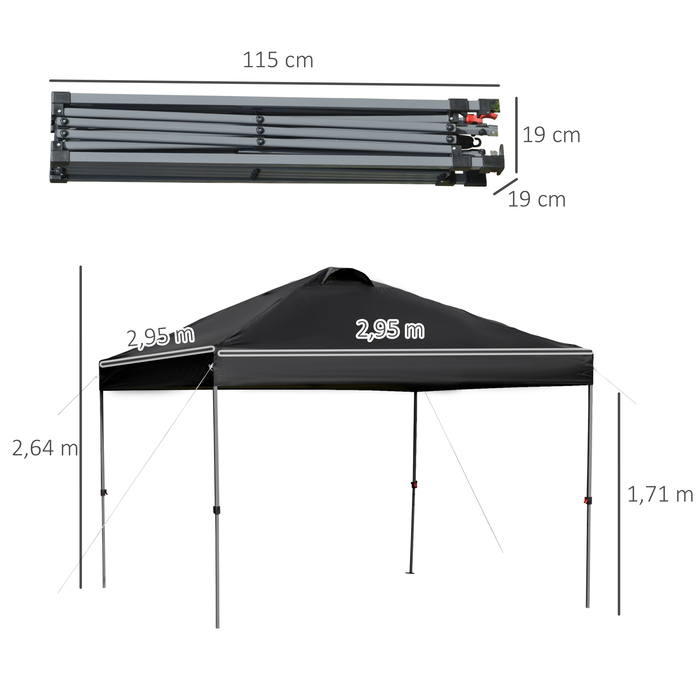 Outsunny Garden Gazebo 2.95x2.95m Folding Gazebo Pop-up with Stakes & Tie-Down Ropes Made of Oxford Fabric UV Protection Black
