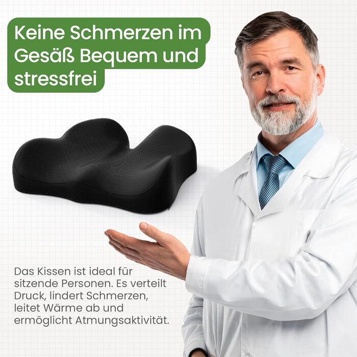 Подушка для сидіння з Memory Foam для куприка, ергономічна, для офісу, дому, авто та інвалідного візка. Захист від болю в куприку, протиковзка основа, чорний колір.