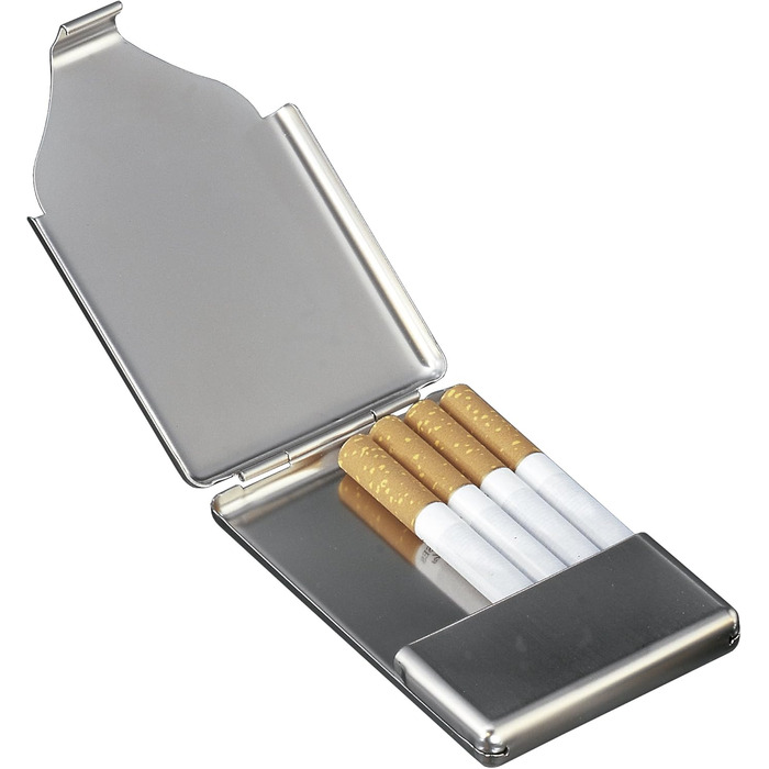 Металеве табакерка для сигарет: компактний, плоский, з дзеркалом. Для жінок та чоловіків. Містить до 7 сигарет. Виготовлено з нержавіючої сталі.