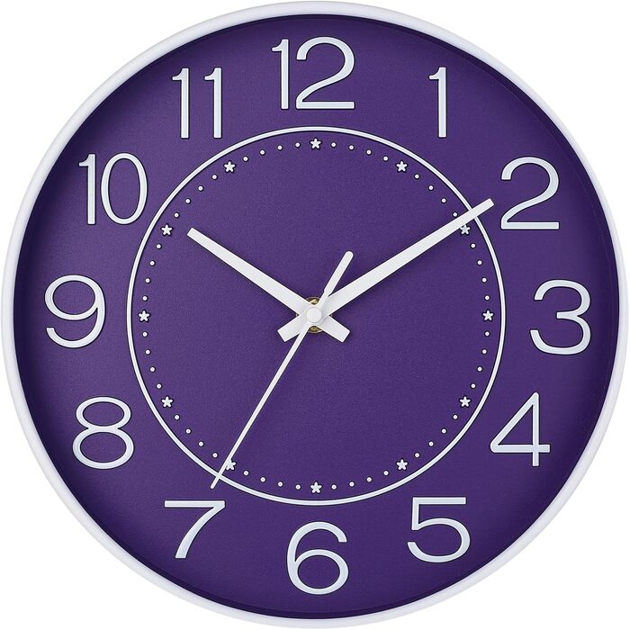 HZDHCLH Wall Clock Silent No Ticking 25 cm Easy-to-Read Clock for Kitchen, Living Room, Bedroom, Bathroom, Home Office (Purple)