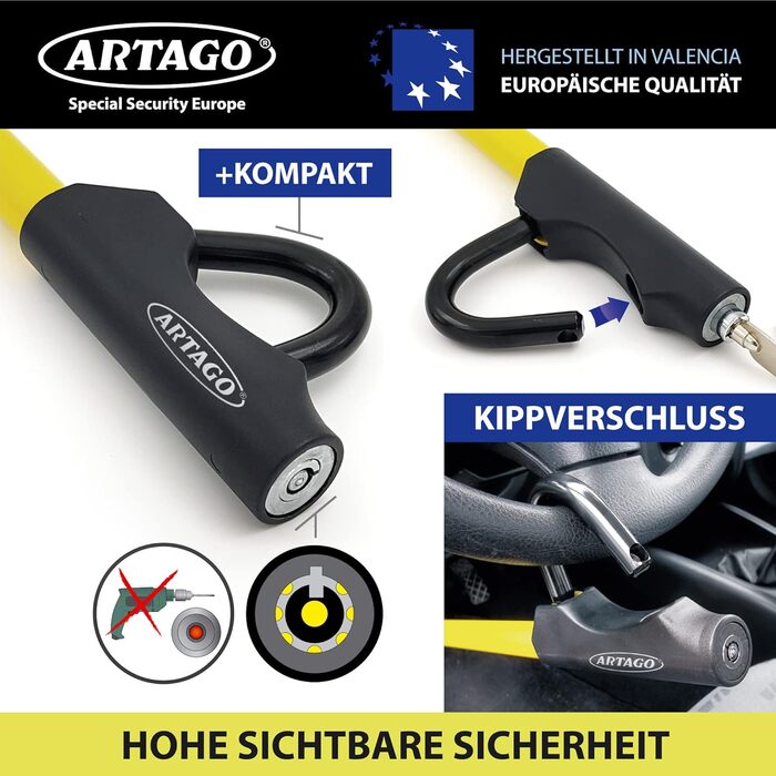 Блокіратор керма ARTAGO 871A/B EASY HOOK, універсальний, протиугінний, для керма та педалі авто, чорний/жовтий