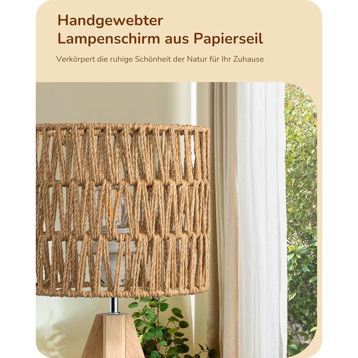 LED настільна лампа EDISHINE з абажуром з ручної роботи, дерев'яною ніжкою, тепле світло 2700K, бохо-стиль, для спальні, вітальні, готелю, з лампочкою E27 4W