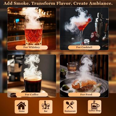 Набір для копчення віскі: 6 смаків дерев'яної стружки, 2 склянки, 2 кубики льоду, аксесуари для коктейлів, копчення напоїв, бурбон, кава, м'ясо