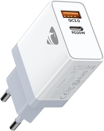 Зарядний пристрій USB C з двома портами, 20W, PD 3.0, Power Adapter з кабелем USB C - USB C 2м, для iPhone, Samsung та інших смартфонів, білий