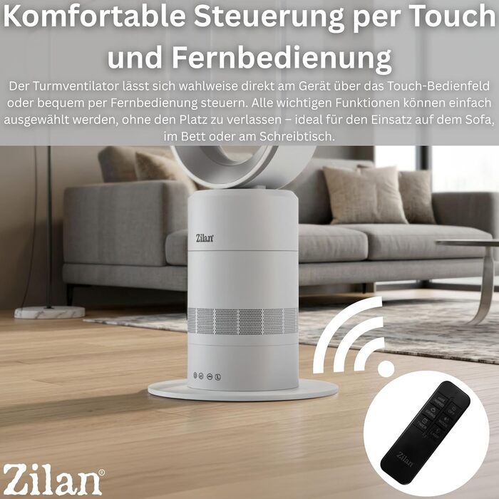 Вентилятор Zilan Turmventilator з пультом дистанційного керування BLDC – енергоефективний, 10 швидкостей/режимів, 900 м³/год, з коливанням, таймером та сенсорним дисплеєм
