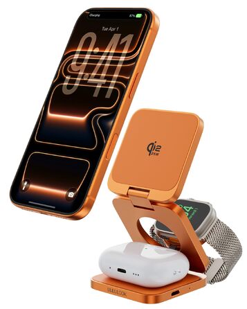 Зарядний пристрій 3-в-1 LULULOOK Ultra Kompakt Qi2.2 25W, MagSafe для iPhone 17/16, Apple Watch, AirPods, GaN 45W, помаранчевий