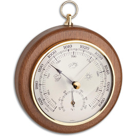 TFA Dostmann Analog Barometer Thermometer, 45.1000.01, for measuring air pressure and temperature, made of oak