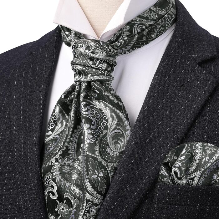 HISDERN Комплект краватка-снуд, краватка-аскот, хустинка для кишені чоловіча Paisley сіра/срібна для весілля та бізнесу