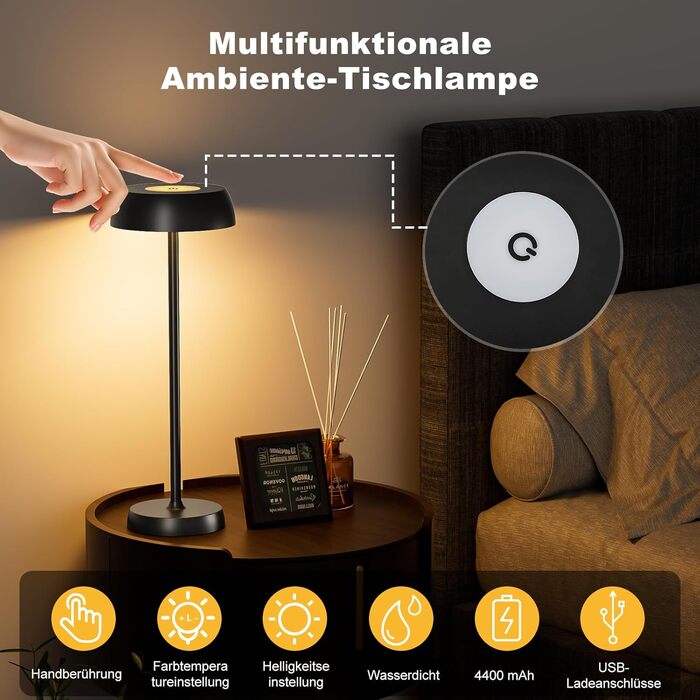 Світлодіодний настільний світильник бездротовий з димером та сенсорним керуванням, 4 режими освітлення, акумуляторна батарея, сучасний нічник для спальні, домашнього офісу, кемпінгу - 2 шт.