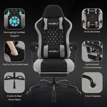WOLTU Gaming Chair with Massage Function, Computer Chair with Pocket Spring Cushion, Ergonomic Gamer Recliner, Swivel Chair with Headrest, Lumbar Pillow, Footrest, Mesh Fabric, Black+Grey, GS15szg Black+grey Mesh Fabric
