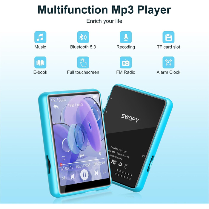 MP3 плеєр SWOFY з Bluetooth 5.3, 64GB HiFi музичний плеєр з динаміком, FM-радіо та диктофоном, 2.4