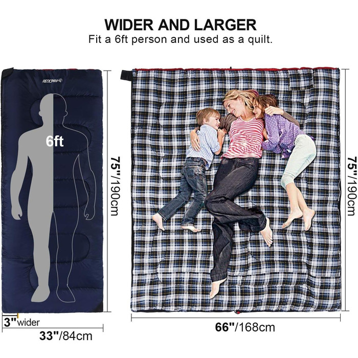 Спальний мішок Redcamp з бавовняного фланнелю для кемпінгу, 3-сезонний, теплий та зручний, вага наповнювача 1.8-4 кг, темно-синій