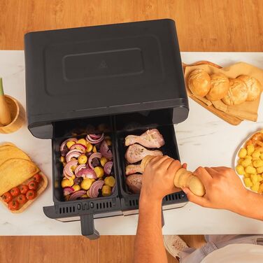 Cecotec Digital Hot Air Fryer with 9L - Cecofry Advance 9000 Inox Air Fryer. 2800W, 2 Containers, 4.5L, Dual Temperature, adjustable from 80-200 ºC, 7 Programs, Multifunctional Touch Panel Dark Stainless Steel 2 Baskets 4.5 Liters