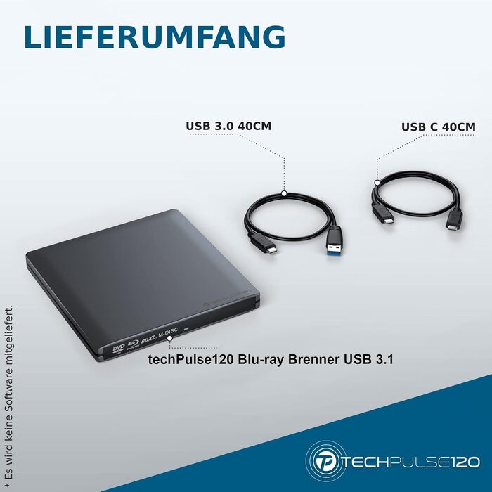 Зовнішній Blu-ray привід techPulse120 USB 3.1 Type-C M-Disc BDXL Brenner Player Slim для PC, Notebook, Mac OS, MacBook Pro Air, алюміній (сірий)