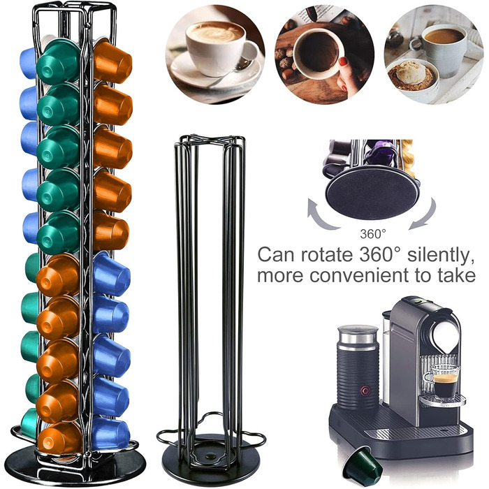 Підставка для капсул кави Frasheng, 40 капсул, чорна, з хромованої сталі, обертається, економія місця