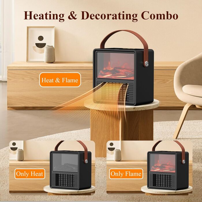 Електричний обігрівач Minthouz 1200W/800W з ефектом полум'я, термостатом та захистом від перегріву для дому та офісу