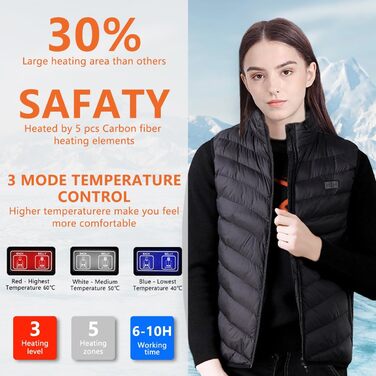 Обогревна жилетка для чоловіків та жінок з акумулятором 10000mAh, 5 нагрівальних зон, 3-рівневе регулювання температури, подвійне керування, для зимових активностей, XXL, чорний колір