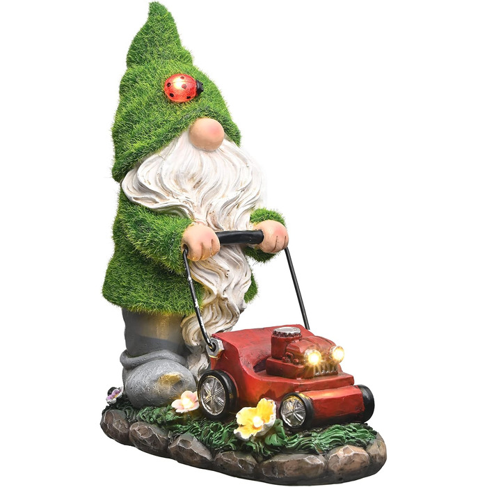 TERESA'S COLLECTIONS Outdoor Garden Decor with Solar Lighting 22cm Waterproof Garden Gnome Figurines with a Lawnmower Made of Artificial Resin Garden Gnomes for Outdoor Yard Lawn Balcony