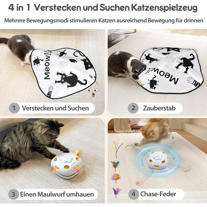 GoldenSun Cat Toy, Rechargeable, Interactive 4-in-1 Toy for Indoor, Hide-and-Seek Toy for Kittens, Whack a Mole Motion, Electronic Cat Toy for Exercise