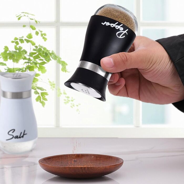 Набір солі та перцю: скляні та нержавіючі солі та перечниці для кухні, подорожей, BBQ. Чорний та білий колір.