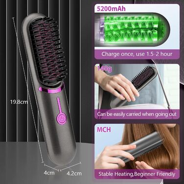 Бездротова щітка-випрямляч для волосся, 5200mAh, захист від опіків, 160°C-200°C