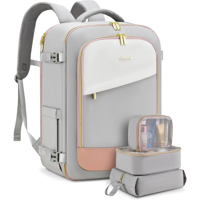 LOVEVOOK Рюкзак для ручної поклажі 40L, жіночий водонепроникний рюкзак для подорожей з відділенням для взуття, рюкзак для ноутбука (17.3 дюйми) сірий+рожевий+бежевий