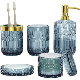 Преміум набір аксесуарів для ванної кімнати зі скла (5 шт.) - склянка, ватні палички, мильниця, дозатор мила, тримач для зубної щітки, ретро-модерн, подарунок на весілля