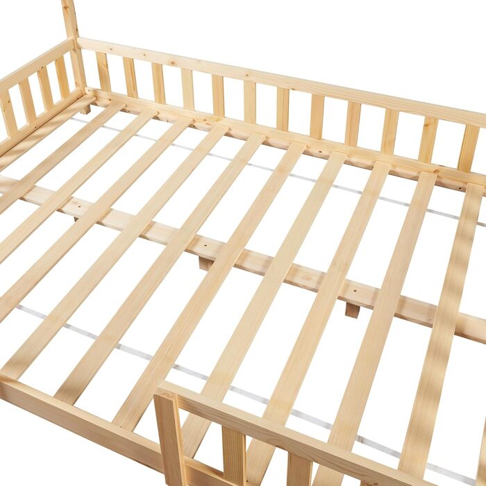 en.casa Kids Bed Sisimiut House Bed 140 x 200 cm with Side Rails Wooden Bed for Children Floor Bed Slatted Frame Pine Wood Wood Finish Wood 140x200cm
