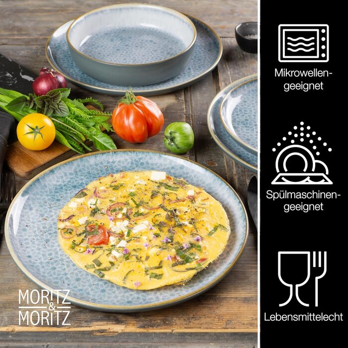 Moritz & Moritz TERRA 18-Piece Dinnerware Set, 6 People - Plate Set in Radiant Azure Blue made of High-Quality Porcelain - Dinnerware Set for 6, consisting of 6 Dinner Plates, Dessert Plates, and Bowls each, Azure Blue, 18-Piece Dinnerware Set