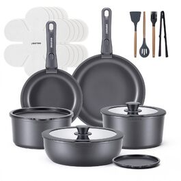 Набір посуду JEETEE 20 предметів з антипригарним титановим покриттям та знімною ручкою, для індукційних плит, з кришками, сірий