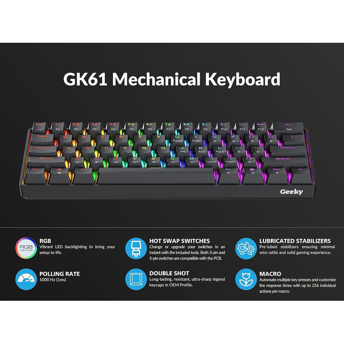 Geeky GK61: Механічна ігрова клавіатура 61% з RGB підсвічуванням | Hot-Swap | ANSI US | Speed Silver Switch (Чорний)