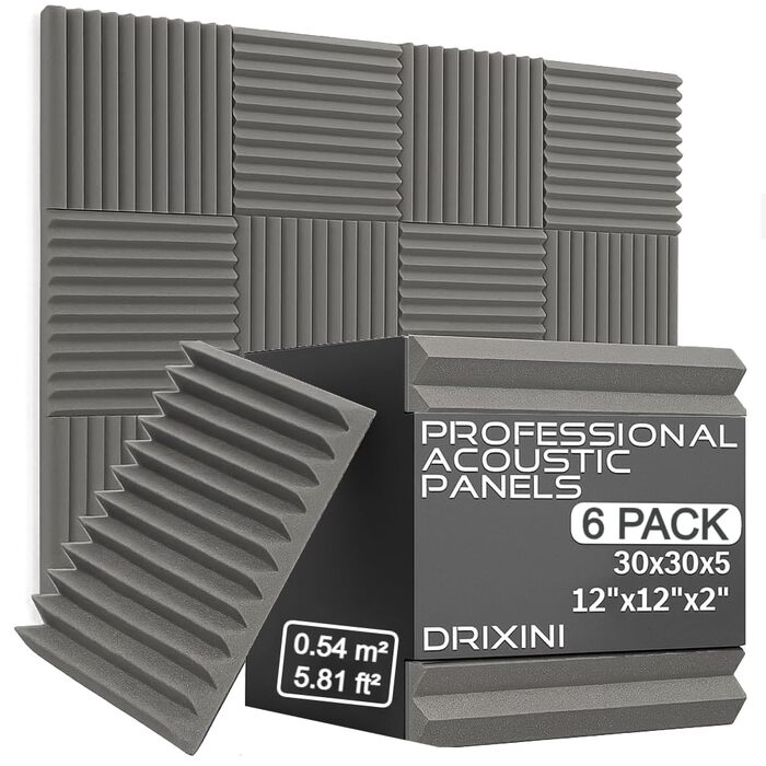 Акустичні панелі для шумоізоляції 30x30x5 см, набір 6 шт. (Сірий) — Професійні звукопоглинаючі панелі для студії, подкастів, дому та офісу з клейкою стрічкою